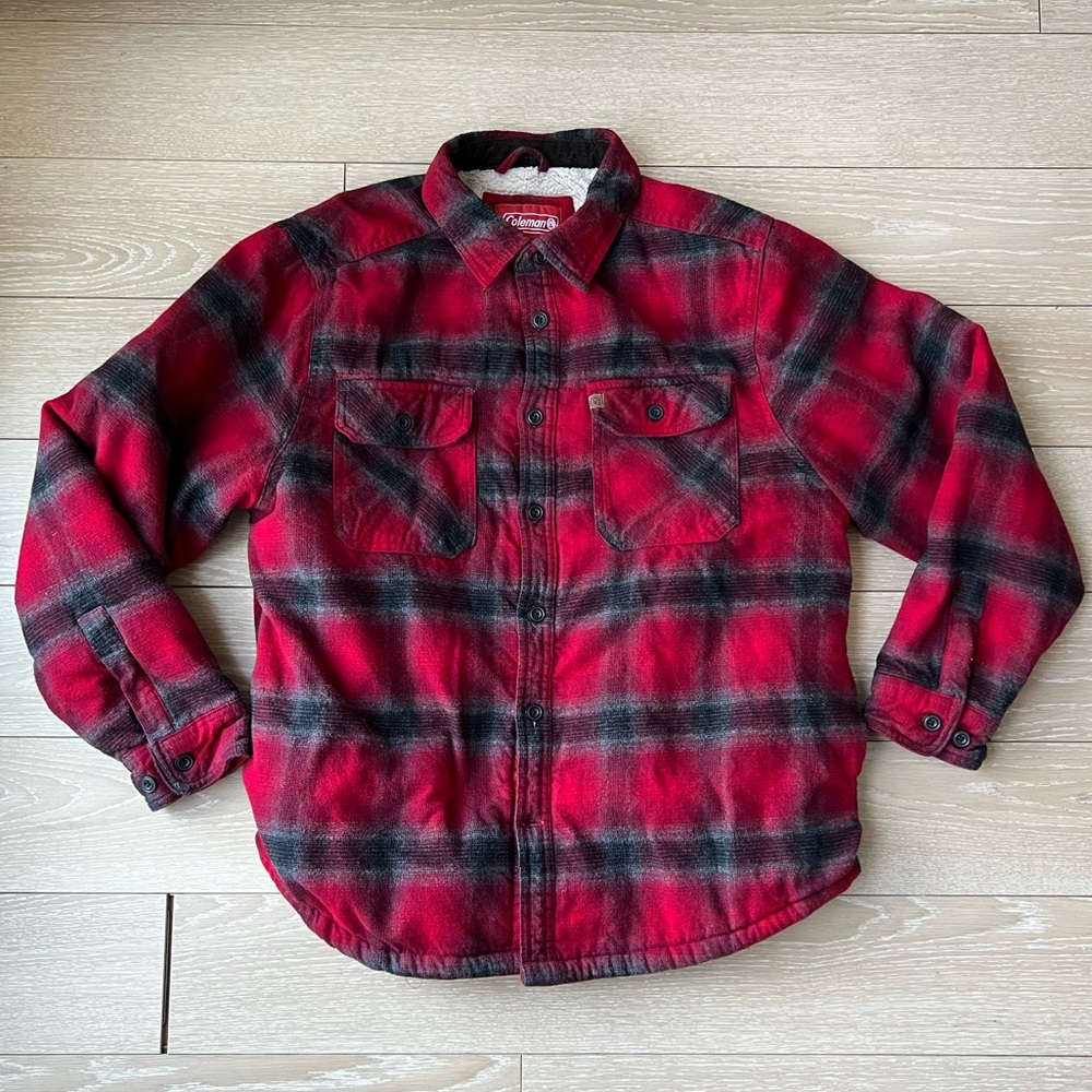 Coleman Sherpa Lined Plaid Flannel Jacket Men’s Medium Red Black Workwear